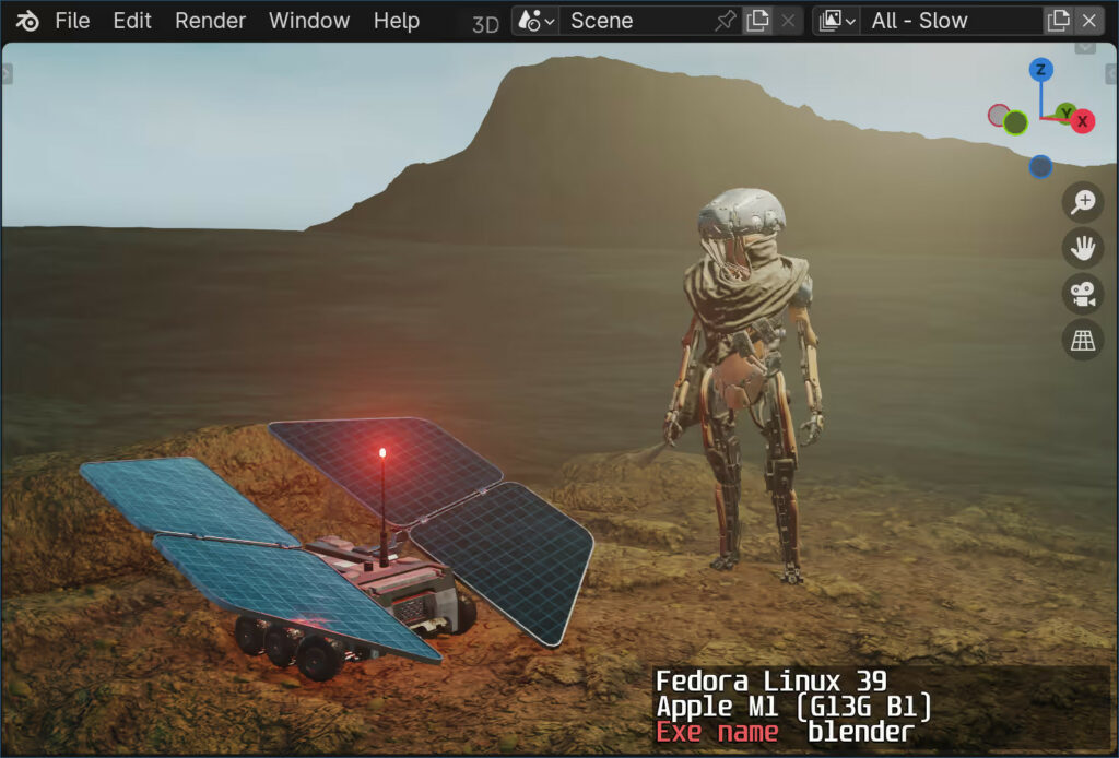 Captura de pantalla de Blender en funcionamiento en Apple M1 con Fedora Linux 39. La escena es 'Wanderer', que representa un humanoide en traje espacial en un terreno rocoso, junto a un vehículo con paneles solares.