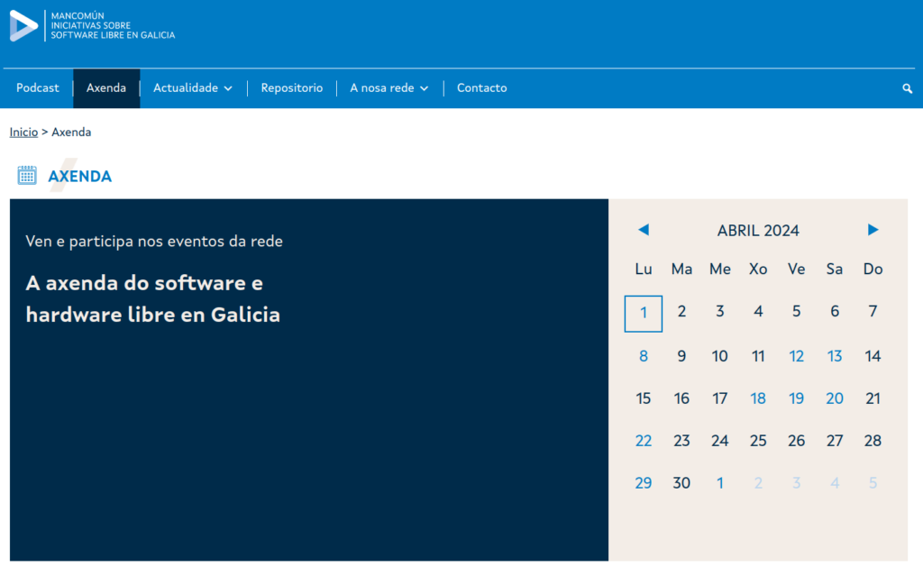 Captura de la sección agenda del portal de Mancomún Calendario