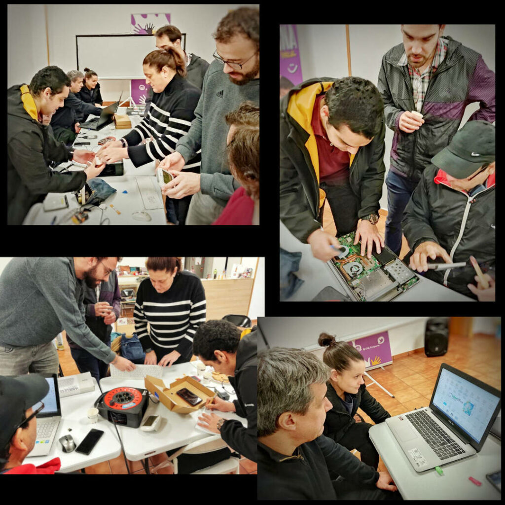 Foto composición de varias imaxes dun Repair Café onde se ve a diferentes persoas axudándose a reparar trebellos electrónicos