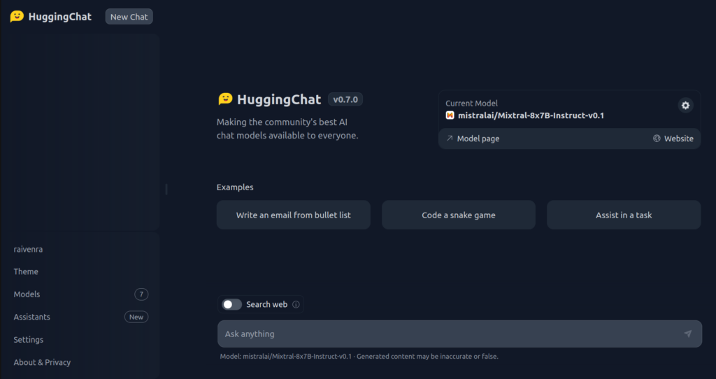 Captura de pantalla de HuggingChat con el modelo Mixtral-8x-7B