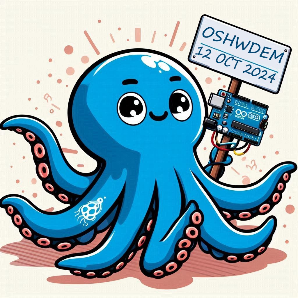 Cartel de la OSHWDem 2024, 12 de octubre. Un pulpo con un cartel y una Raspberry Pi