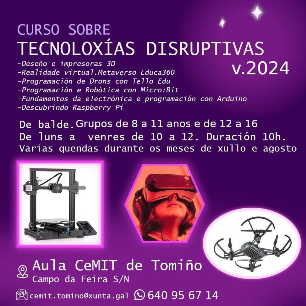 Cartel do curso sobre tecnoloxías disruptivas
Imaxes de impresora 3d, gafas de realidade virtual e drons