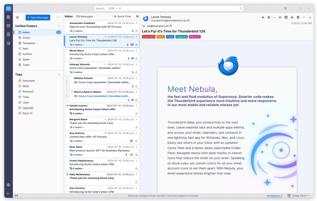 Captura de pantalla del cliente de correo Thunderbird que muestra el panel de 'Carpetas Unificadas' a la izquierda, una lista de correos en el centro y un correo seleccionado a la derecha.