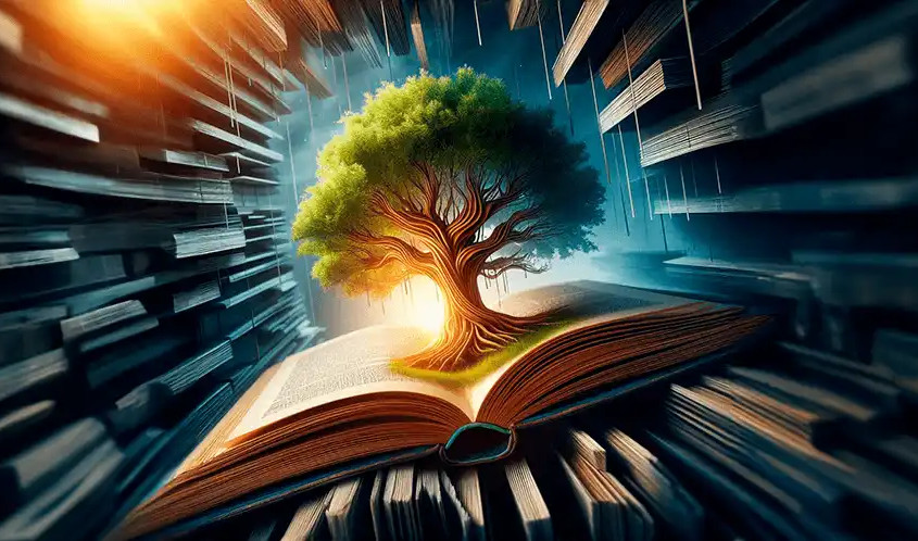 Ilustración de un árbol saliendo de un libro