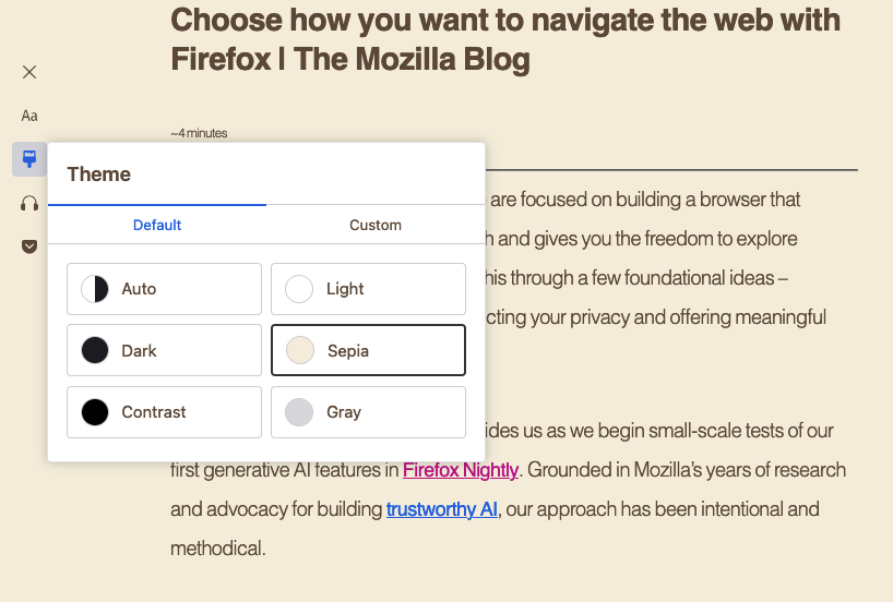 opcións do menú tema de Firefox