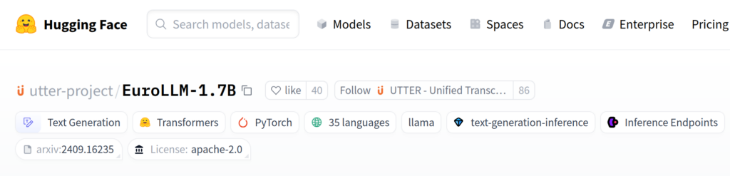 Hugging Face
utter-project/EuroLLM-1.7B