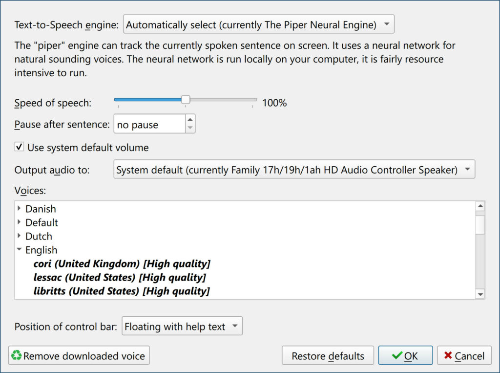 captura de pantalla de configuración calibre - text-to-speech
