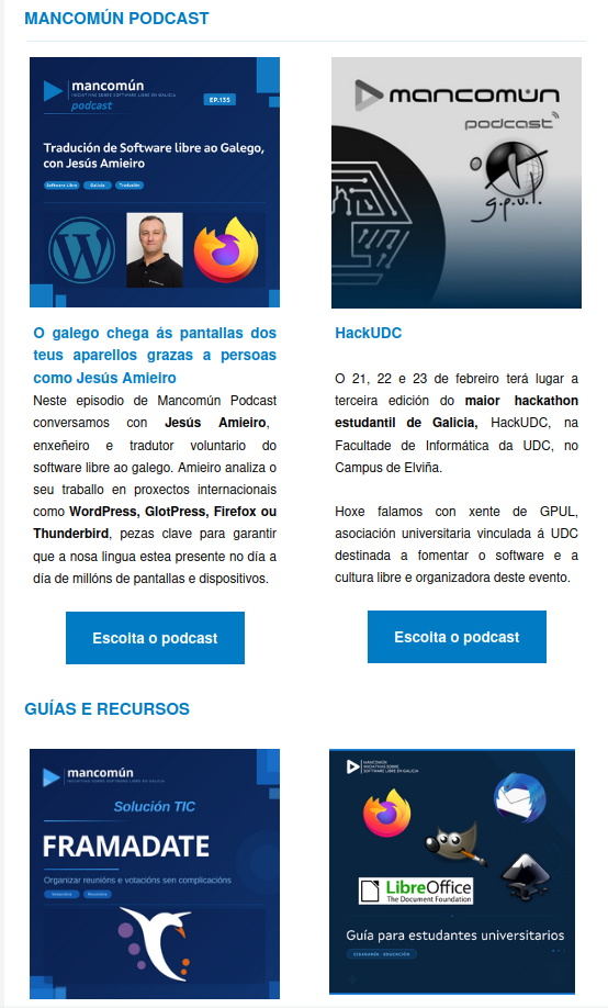 Unha páxina web cun cabeceiro azul que mostra o texto "Mancomun" e "Mancomun podcast". Debaxo diso, hai dúas columnas de imaxes co logos de diferentes empresas como "framadate", "firefox". O fondo é branco, o que ofrece contraste aos elementos coloridos da páxina.
