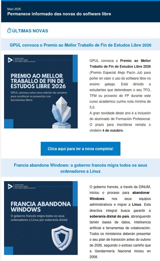 Fondo branco co texto en azul. Na lateral esquerda da imaxe hai unha franxa azul que di "Permanente Informado do Software Livro". Debaixo franxas azuis para "Francia Abandona Windows".