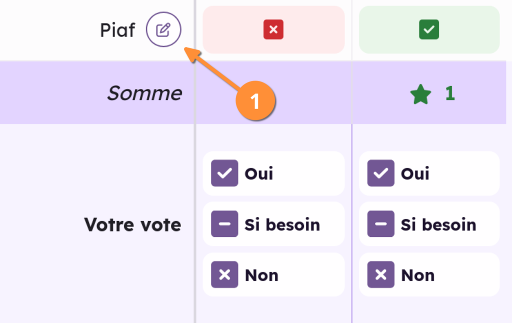 Unha pantalla de ordenador que mostra un cuestionario coas varias preguntas escritas en francés. A primeira pregunta é "Piaf", seguida da palabra "Somme" e unha frecha laranxa que a apunta. Debaxo disto, atopan catro preguntas máis, cada unha marcada cunha veta vermella. A última pregunta ten unha estrela verde ao seu lado.