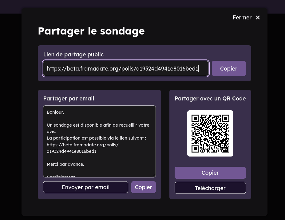 Pantalla de ordenador que mostra unha páxina co texto "Partager le sondage". O fondo da pantalla é negro e hán elementos morados e brancos no centro da imaxe.