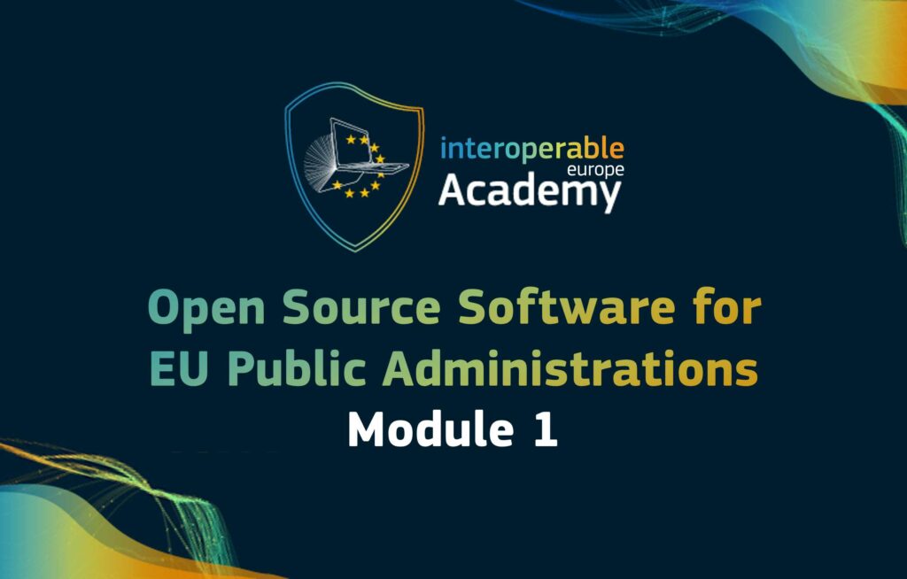 A imaxe presenta un fondo azul co texto "Academia Interoperable" escrito sobre el. Debaixo do texto hai unha ilustración dun escudo cunha ave dentro. O texto tamén inclúe as palabras "Software de código aberto para Administraciones Públicas da UE Módulo 1".