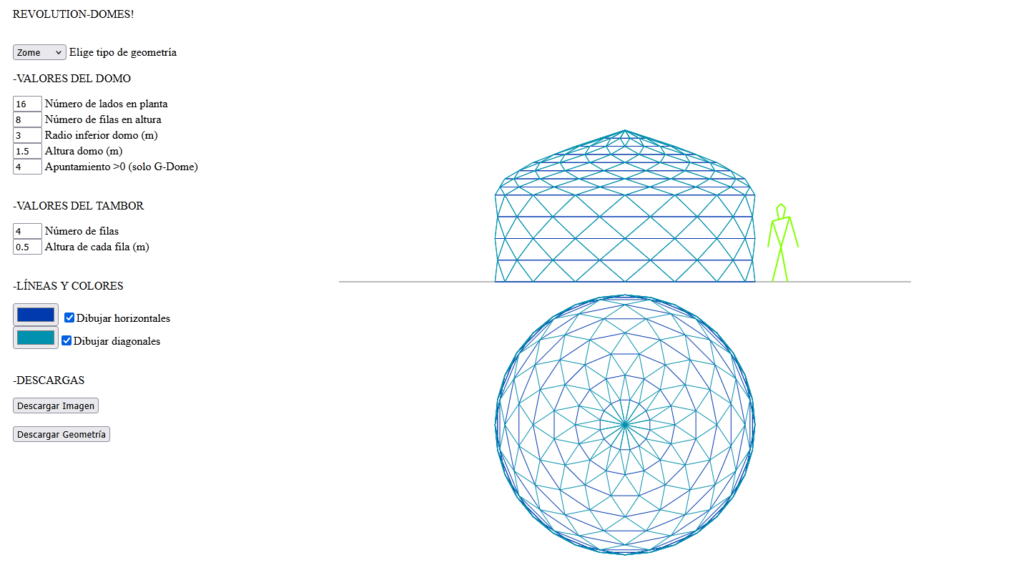 A imaxe é unha representación tridimensional dunha estrutura de forma cúpula co exterior azul e o interior verde. Unha persoa está de pé no lado dereito da cúpula, mirando cara a ela. O fondo é branco, o que ofrece contraste coa cúpula azul.