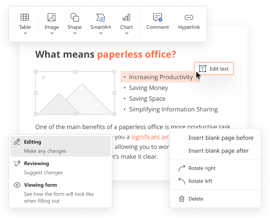Captura de pantalla da interface dun editor de PDF. Mostra un documento titulado "What means paperless office?" xunto con varias ferramentas e menús despregados, incluíndo unha barra superior para inserir elementos (táboas, imaxes, formas), un menú lateral esquerdo cos modos de traballo (Edición, Revisión, Visualización de formularios) e un menú contextual con opcións para editar o texto, inserir páxinas en branco, rotalas ou eliminalas.