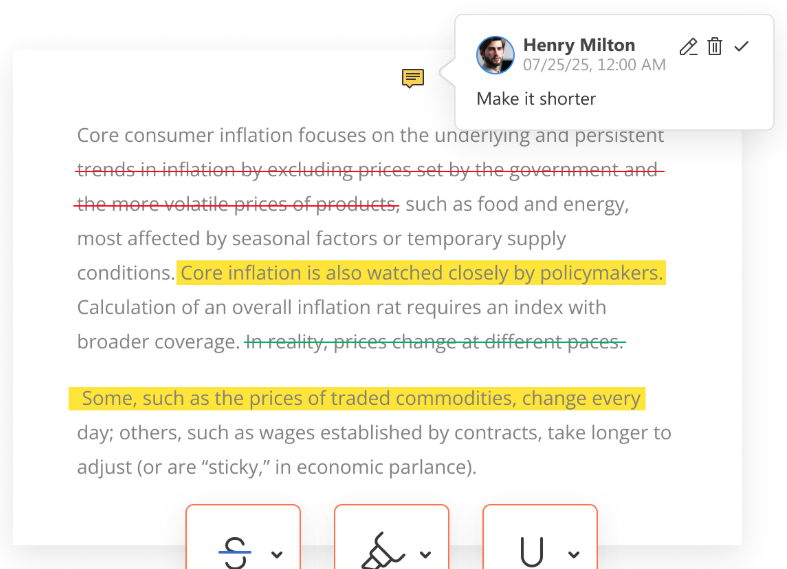 Captura de pantalla dun documento de texto en modo de revisión. Aprécianse diversas correccións aplicadas sobre un texto en inglés, con palabras riscadas en vermello e verde, e outras frases resaltadas con marcador amarelo. Na parte superior vese un comentario do usuario Henry Milton que di "Make it shorter" (Faino máis curto), e na parte inferior asoman os botóns das ferramentas de formato (riscado, resaltado e subliñado).