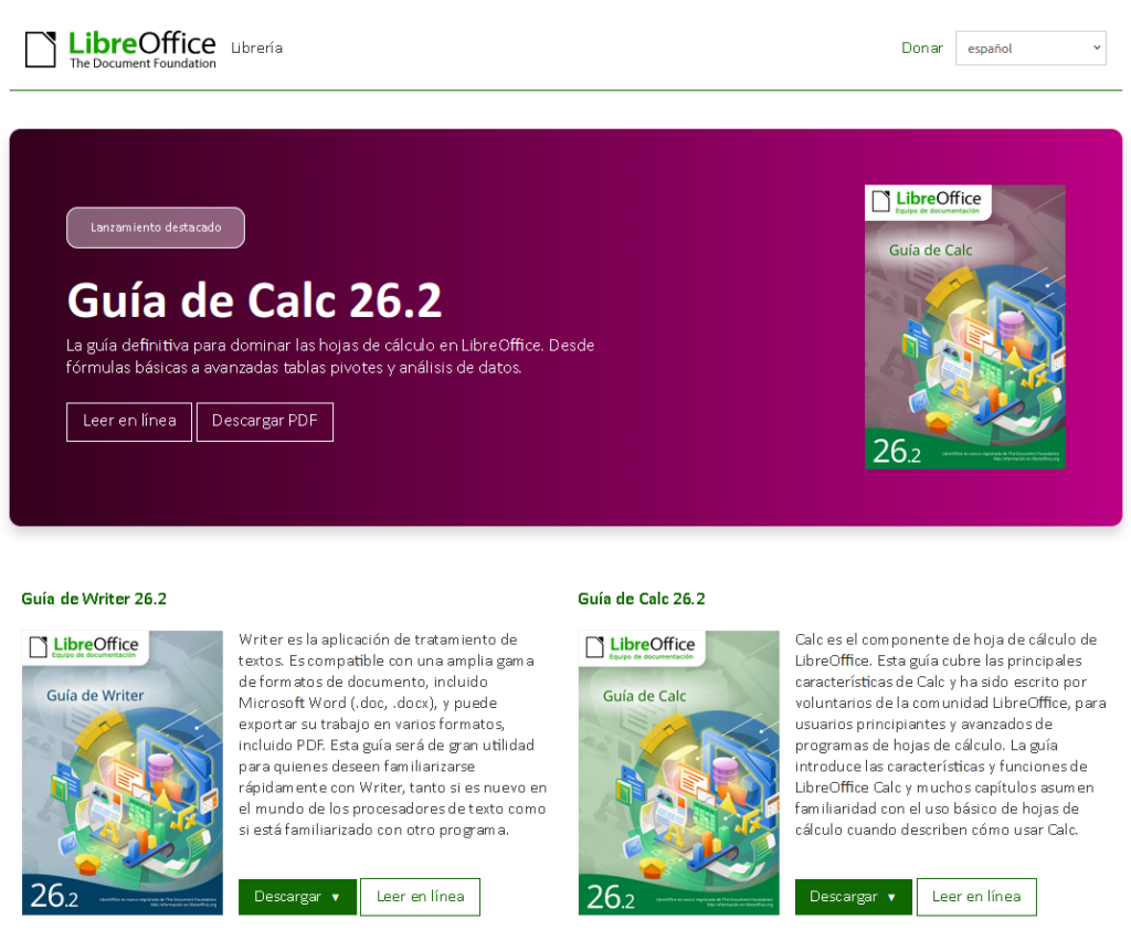 A biblioteca web para LibreOffice, que é un sistema de xestión de bibliotecas en liña. Aparece a "Guía de de Calc 26.2", estando dispoñibles tamén libros en castelán e inglés. O sitio conta cun fondo branco limpo e un encabezado morado onde se mostra o título e o logotipo. Na páxina aparecen varios títulos de libros.
