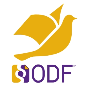 O logo da (ODF) presenta un páxaro amarelo. A palabra "ODF" escríbese en morado debaixo da asa do páxaro.