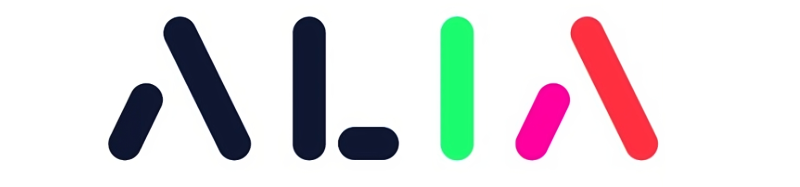 A palabra "ALIA" está escrita nun bloque grande de letras azuis nun fondo gris con detalles en vermello e verde.