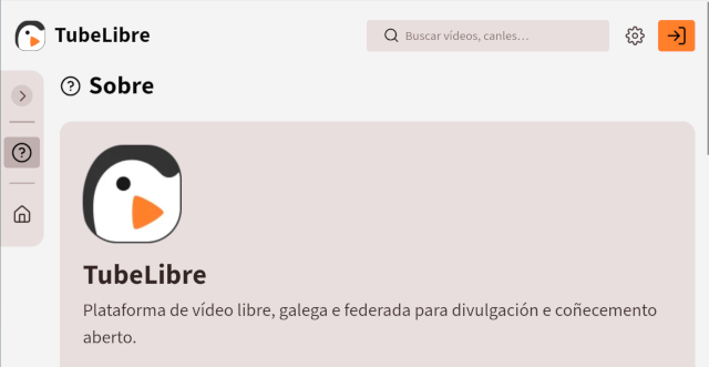 Unha pantalla de ordenador que mostra a interface dunha plataforma de streaming de vídeo chamada Tubelibre. A plataforma está dispoñible en castelán e inglés. No lado esquerdo atópase unha caixá branca que contén o logotipo de Tubelibre, mentres que no lado dereito hai dous botóns de liña de tempo: un para o castelán e outro para o inglés. A interface inclúe un icono de reprodutor de vídeo.