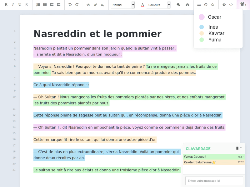 Un documento coa palabra escrita cun texto rosa no tope da páxina. O documento está cheo de textos de diferentes cores, entre elas verde, azul, morado, laranxa e amarelo. No fondo da páxina hai tres liñas abertas: unha titulada "Oscar", outra titulada "Inés" e unha terceira titulada "Yuma".