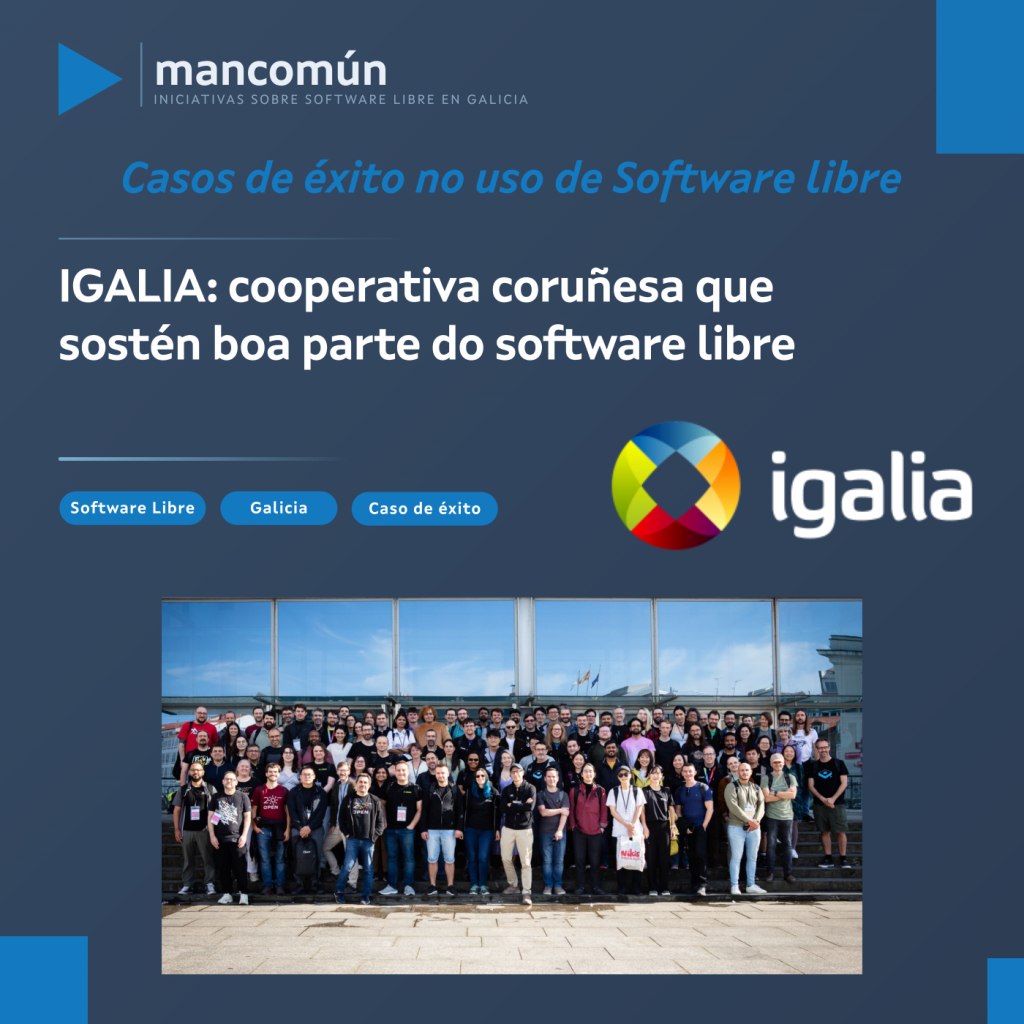 Portada do artigo co logotipo de Igalia e unha foto de grupo de persoas de pé xuntas nun alzado de pedra coa construción ao fondo.