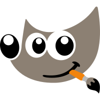 Logo de Gimp con ollos grandes e expresivos, sostendo un pincel de pintura na boca, sobre un fondo branco.