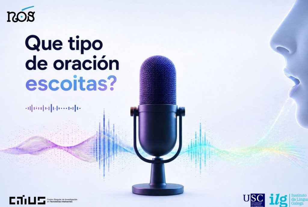 A imaxe presenta un micrófono negro con un cable azul engadido, situado sobre unha superficie branca contra un fondo azul claro. O texto "Que tipo de oración escoitas?" aparece en letras grandes.