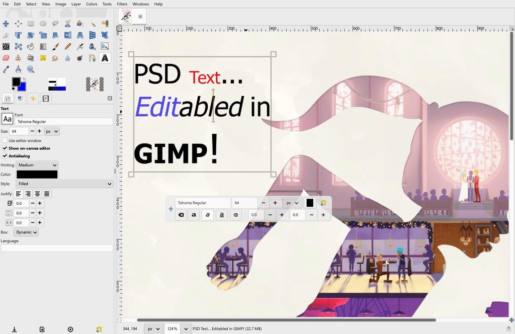 Imaxe dunha captura de pantalla dunha aplicación de deseño gráfico cunha xanela de texto superposta. O texto di "PSD Text... Editable en GIMP!" e está resaltado en vermello e azul. No fondo, vese unha ilustración dunha igrexa con persoas sentadas nos bancos e un par de noivos no altar.