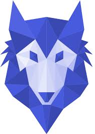 A cara dun lobo con cores azuis e grises.
