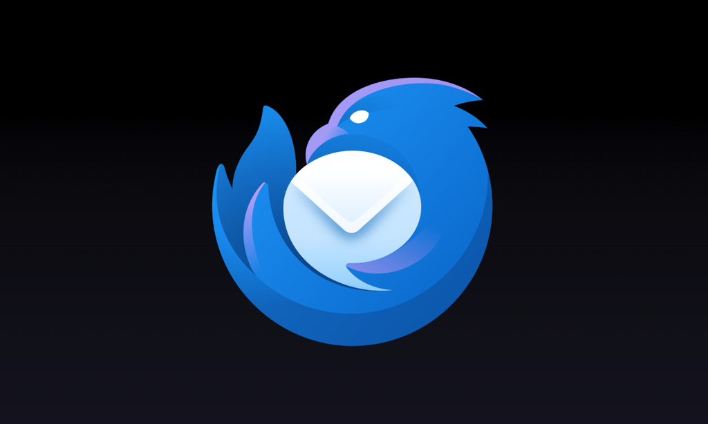 A imaxe mostra o logotipo de Thunderbird, que consiste nun paxaro azul estilizado cun envelope branco no seu centro. O fondo é negro, o que resalta o deseño do logotipo.